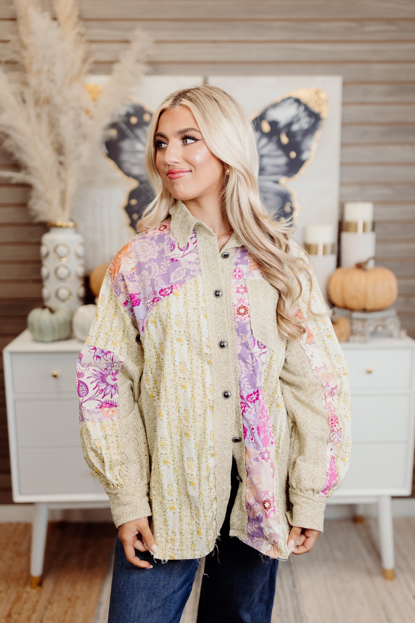 Beige Multi Lace Contrast Floral Button Down Shirt