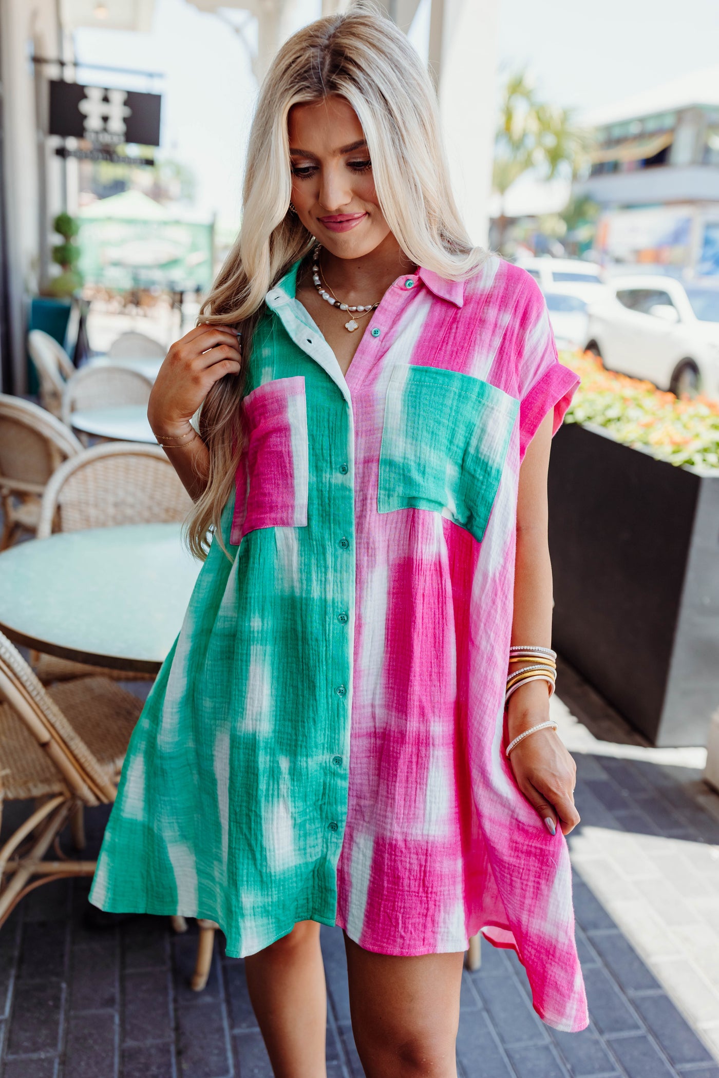 Pink/Teal Multi Button Down Dress