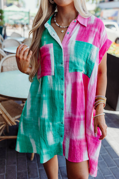 Pink/Teal Multi Button Down Dress