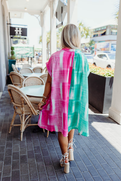 Pink/Teal Multi Button Down Dress