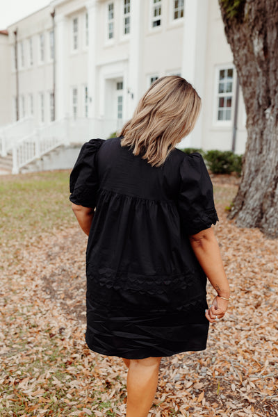 Karlie Black Solid Poplin V-Neck Scallop Puff Sleeve Dress