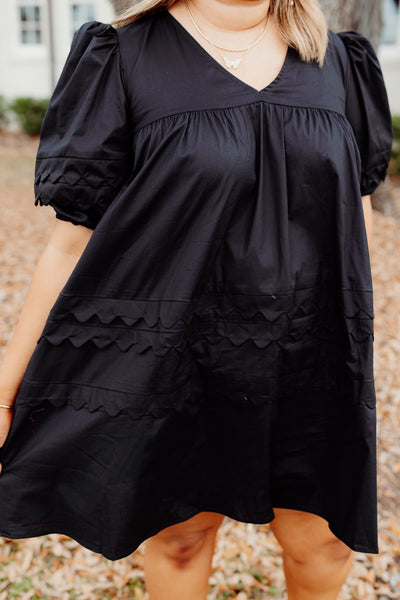 Karlie Black Solid Poplin V-Neck Scallop Puff Sleeve Dress