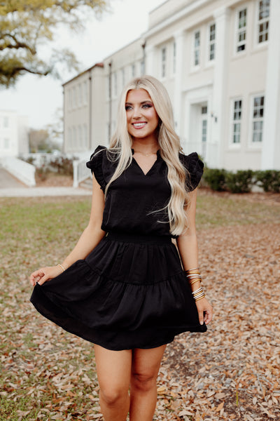 Black Ruffle V-Neck Smocked Waist Mini Dress