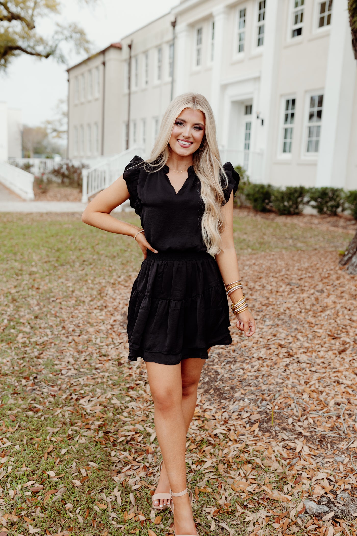 Black Ruffle V-Neck Smocked Waist Mini Dress