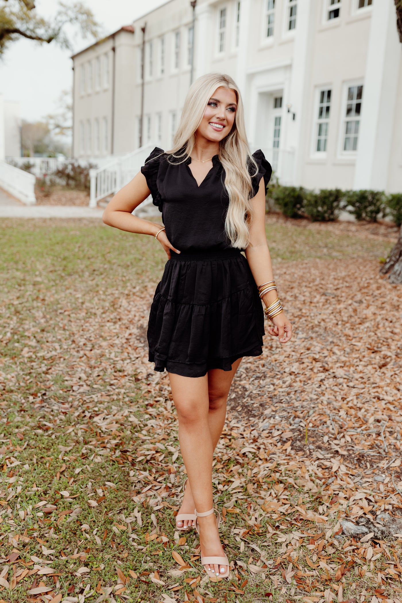 Black Ruffle V-Neck Smocked Waist Mini Dress