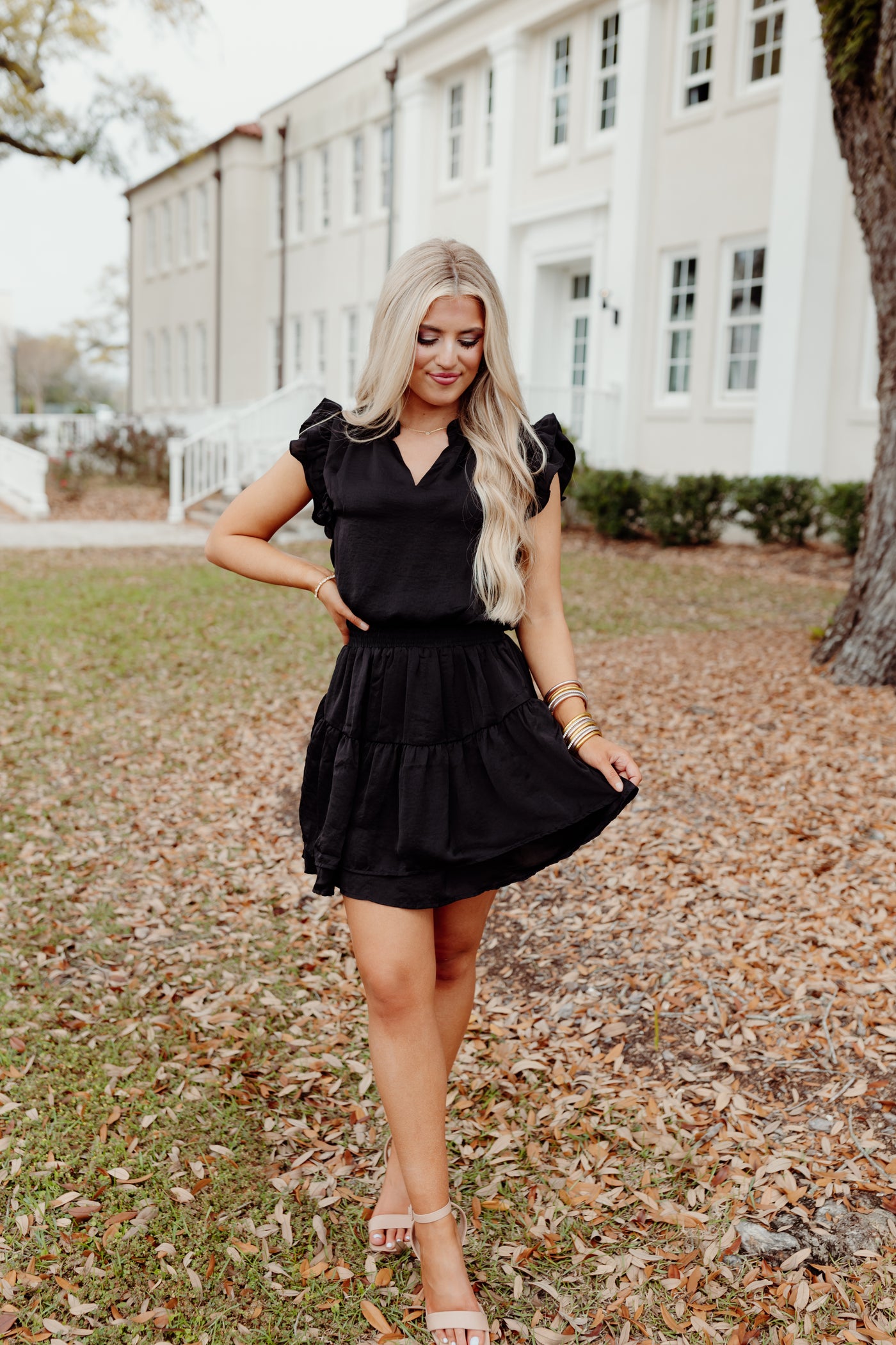 Black Ruffle V-Neck Smocked Waist Mini Dress