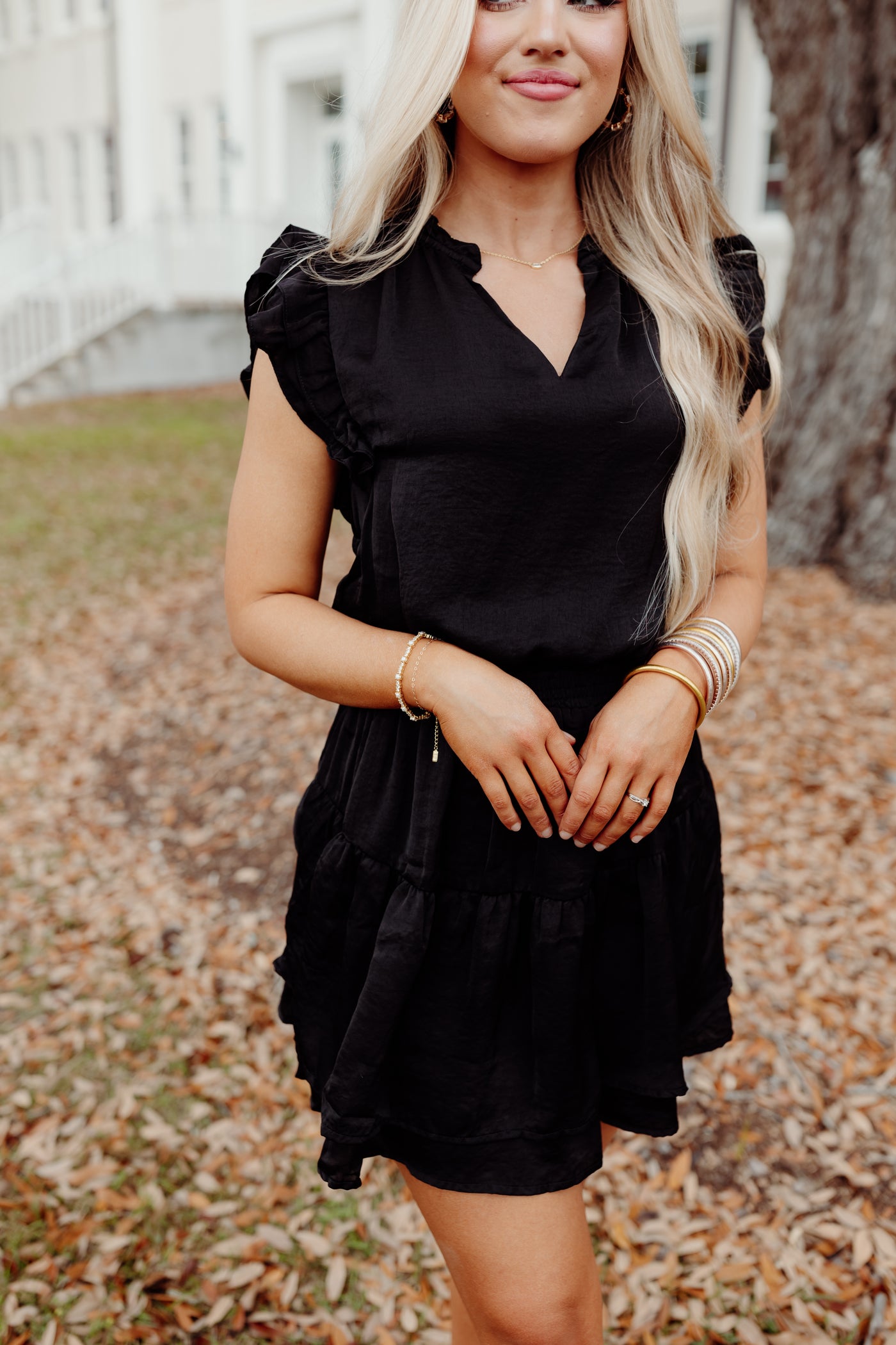 Black Ruffle V-Neck Smocked Waist Mini Dress