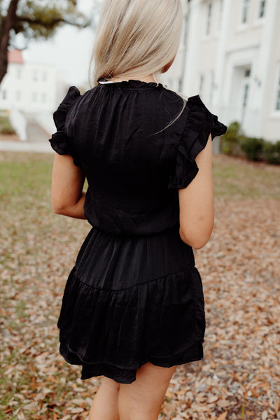 Black Ruffle V-Neck Smocked Waist Mini Dress