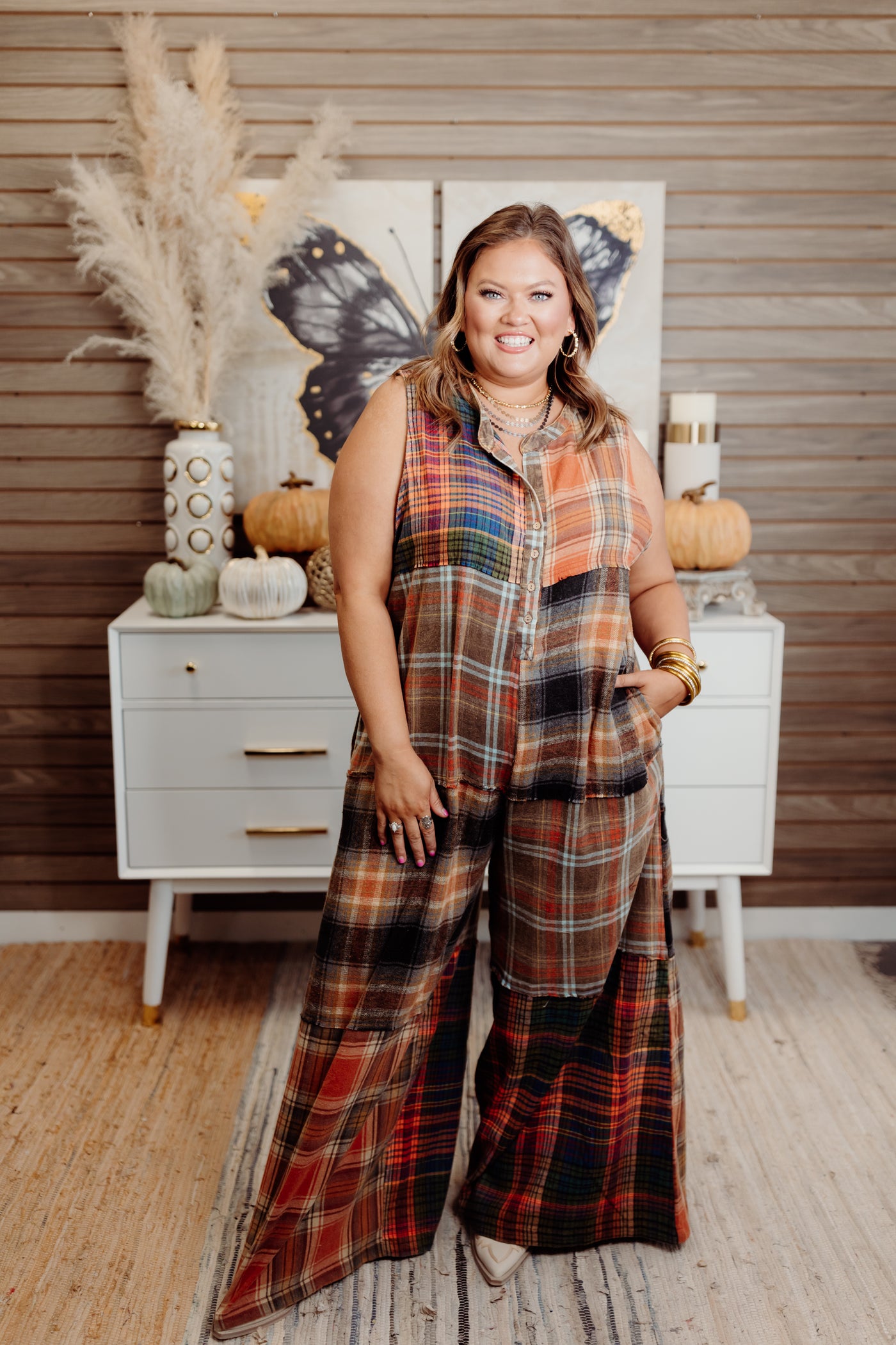 Rust Oversized Washed Plaid Jumpsuit