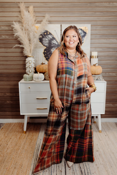 Rust Oversized Washed Plaid Jumpsuit