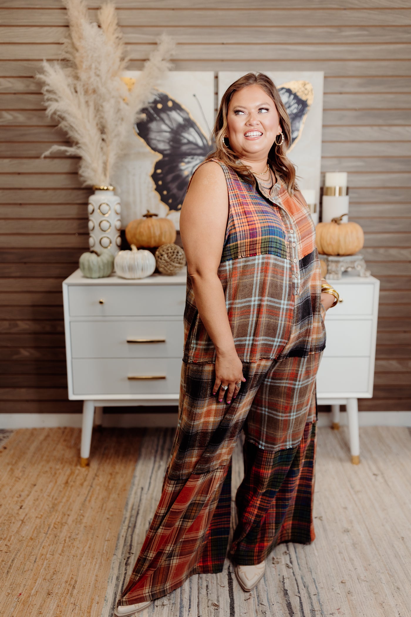 Rust Oversized Washed Plaid Jumpsuit