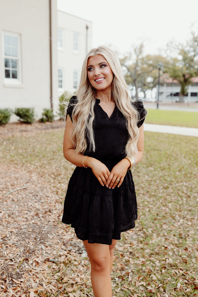 Black Ruffle V-Neck Smocked Waist Mini Dress