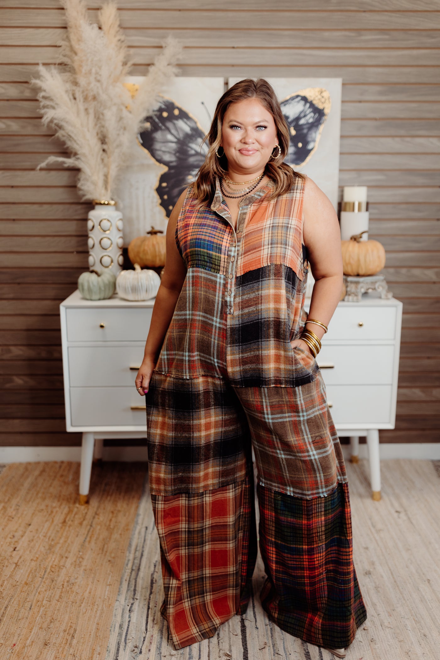 Rust Oversized Washed Plaid Jumpsuit