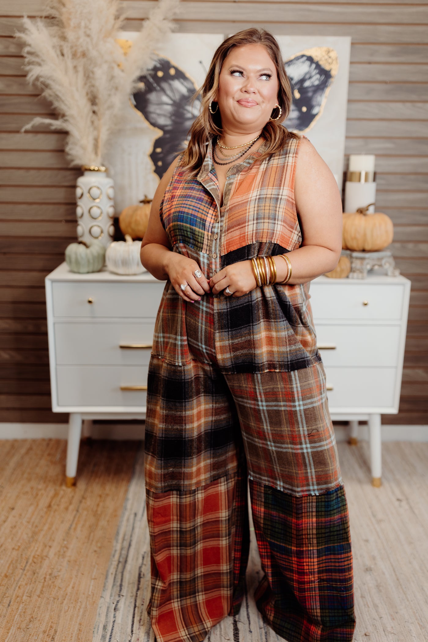 Rust Oversized Washed Plaid Jumpsuit