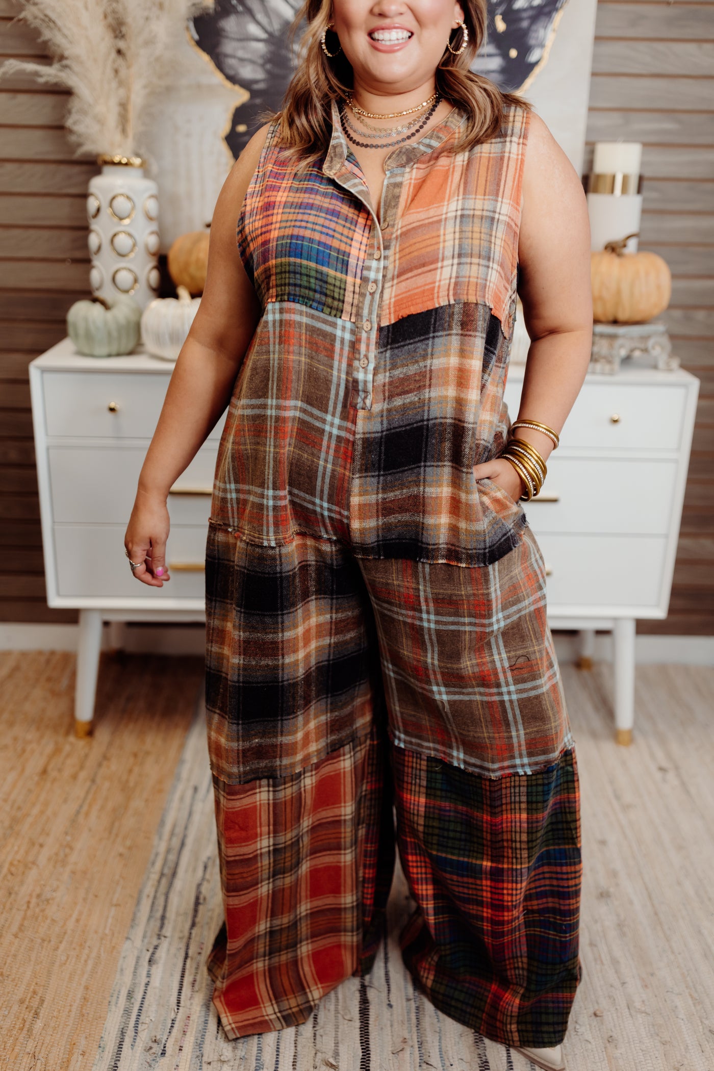 Rust Oversized Washed Plaid Jumpsuit