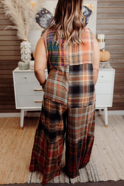 Rust Oversized Washed Plaid Jumpsuit