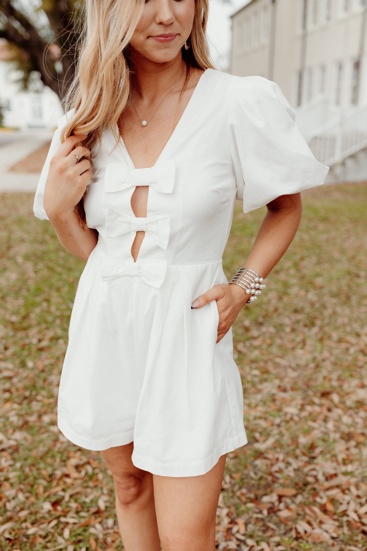 Off White Bow Front Puff Sleeve Romper