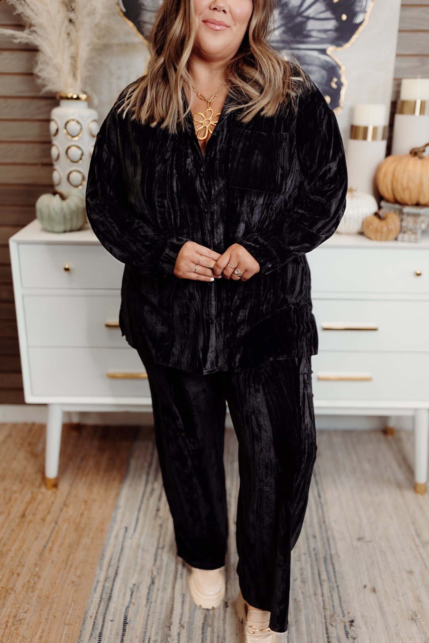 Molly Bracken Black Button Down Blouse and Pant Set