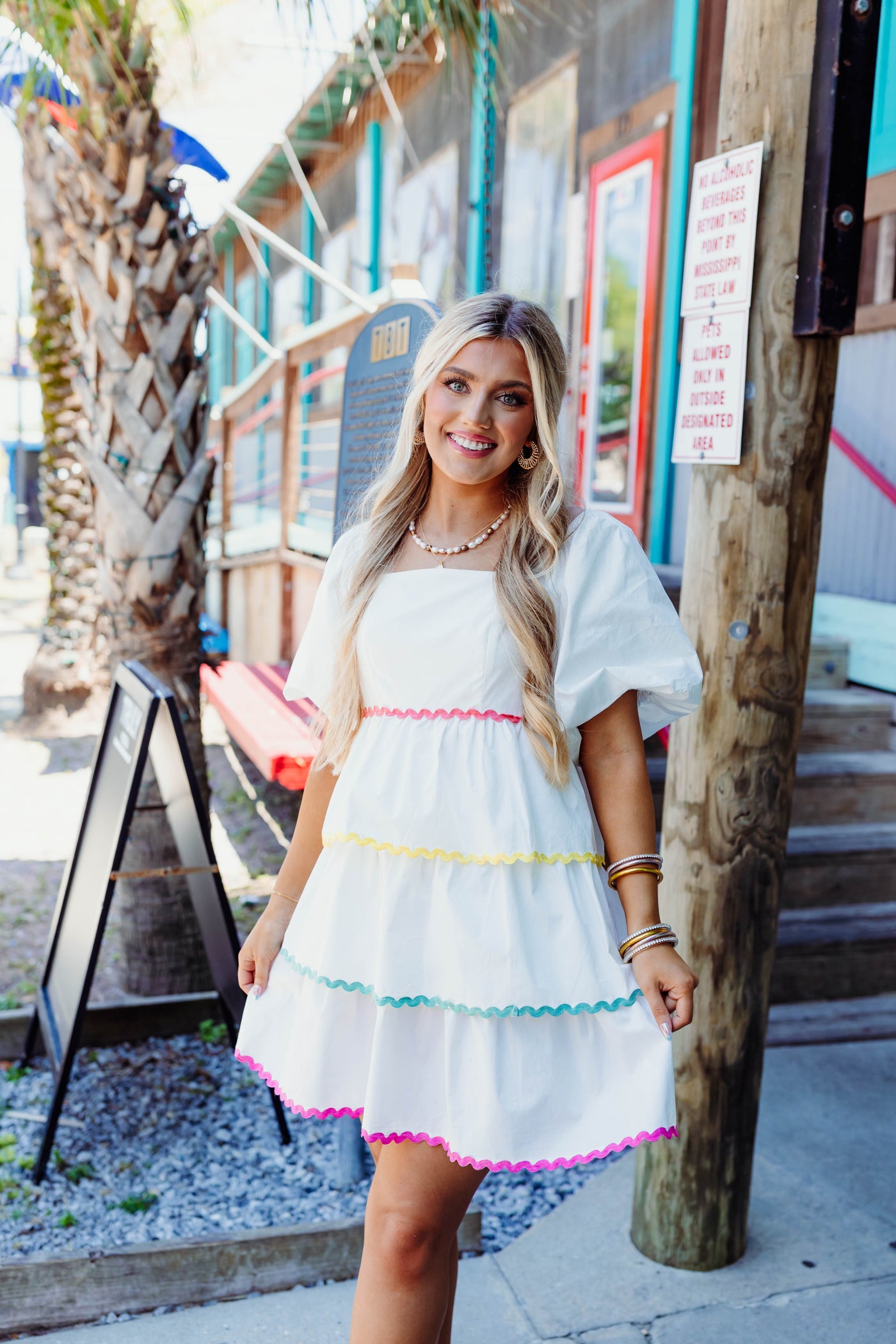 White Multi Puff Sleeve Square Neck Dress