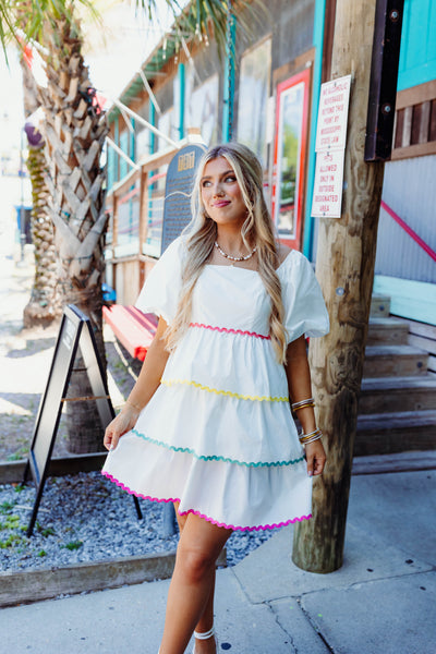 White Multi Puff Sleeve Square Neck Dress