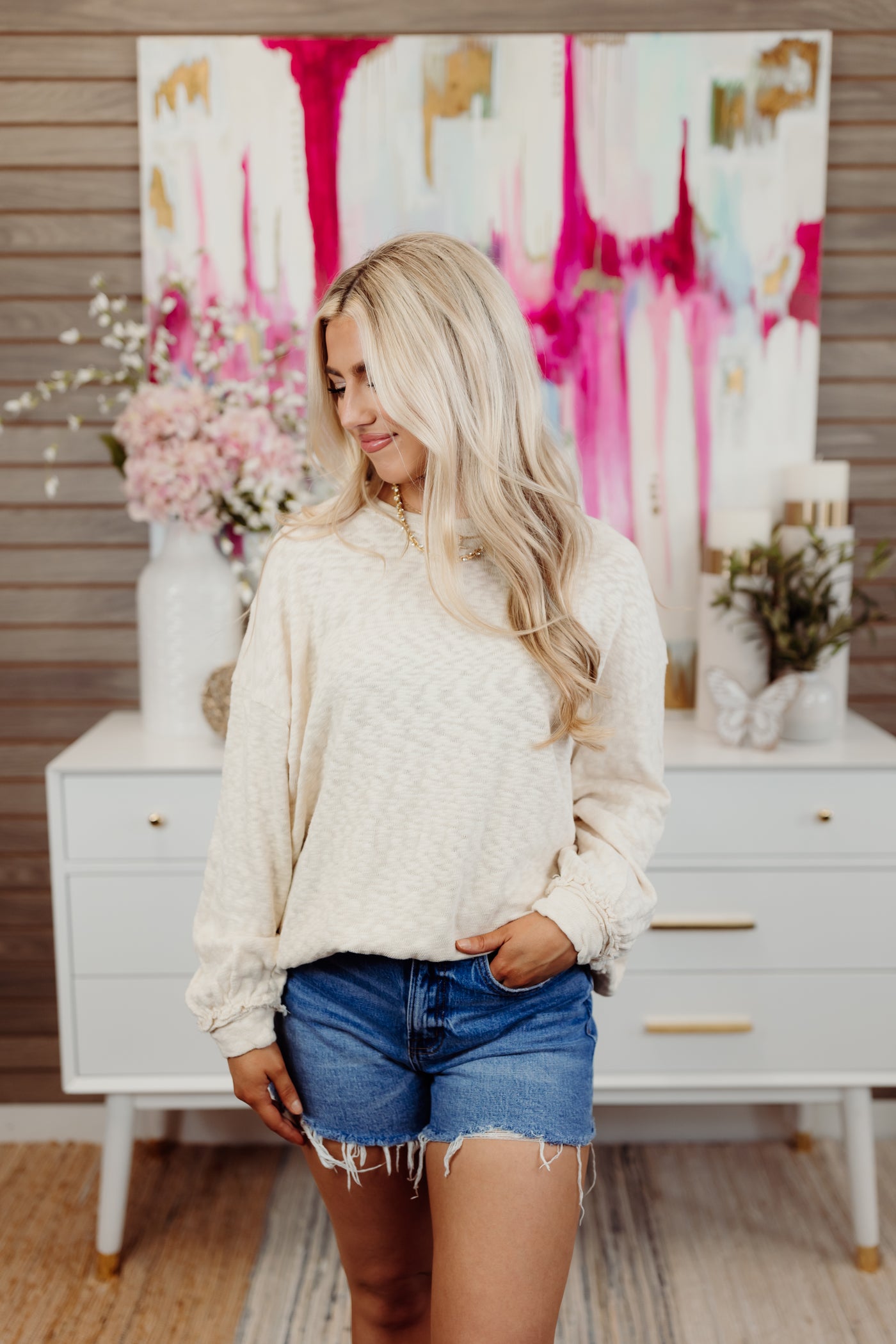 Cream Round Neck Long Sleeve Slouchy Sweater