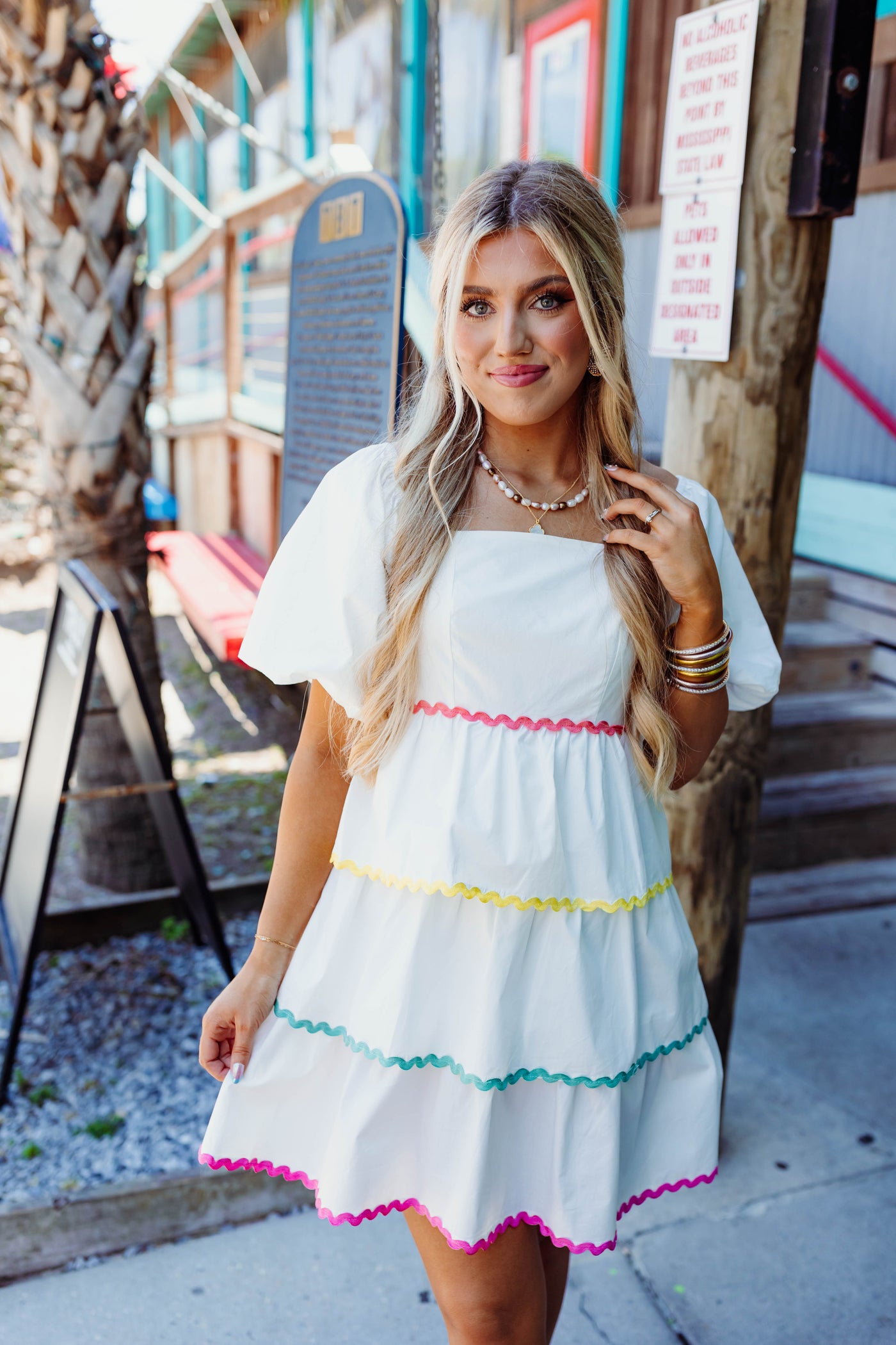 White Multi Puff Sleeve Square Neck Dress