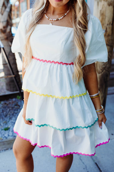 White Multi Puff Sleeve Square Neck Dress