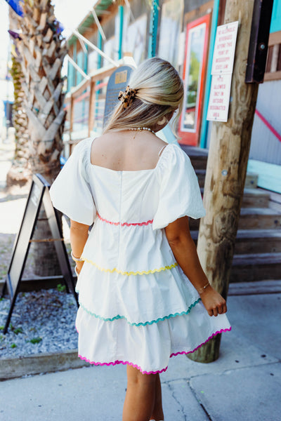 White Multi Puff Sleeve Square Neck Dress