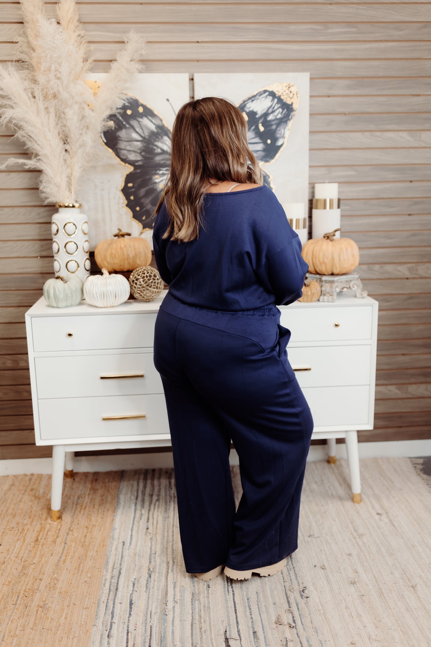 Navy Long Sleeve Solid Knit Comfy Jumpsuit