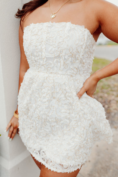 White and Gold Detail Swirl Strapless Mini Dress