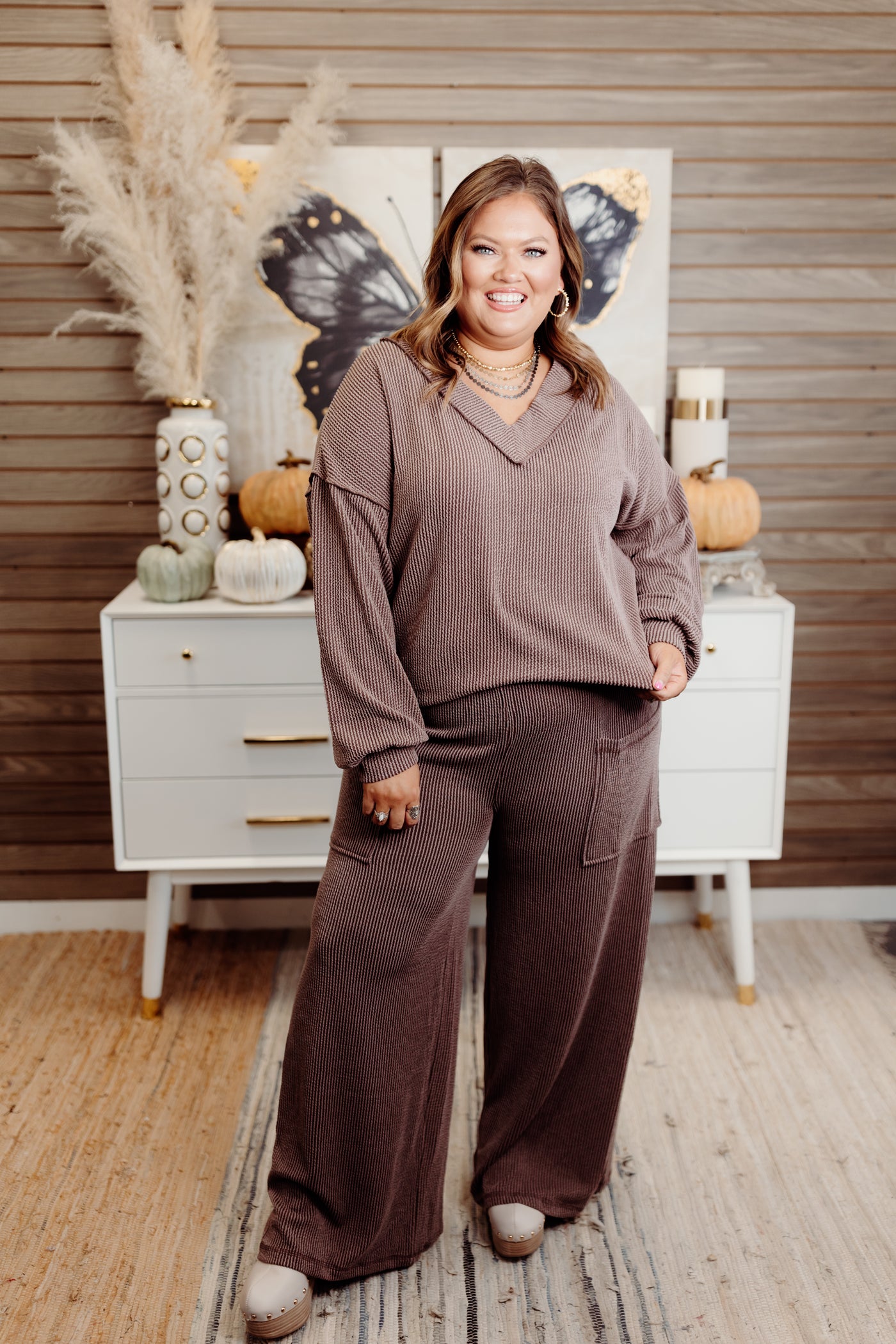 Peppercorn Ribbed Balloon Sleeve Top and Pant Set