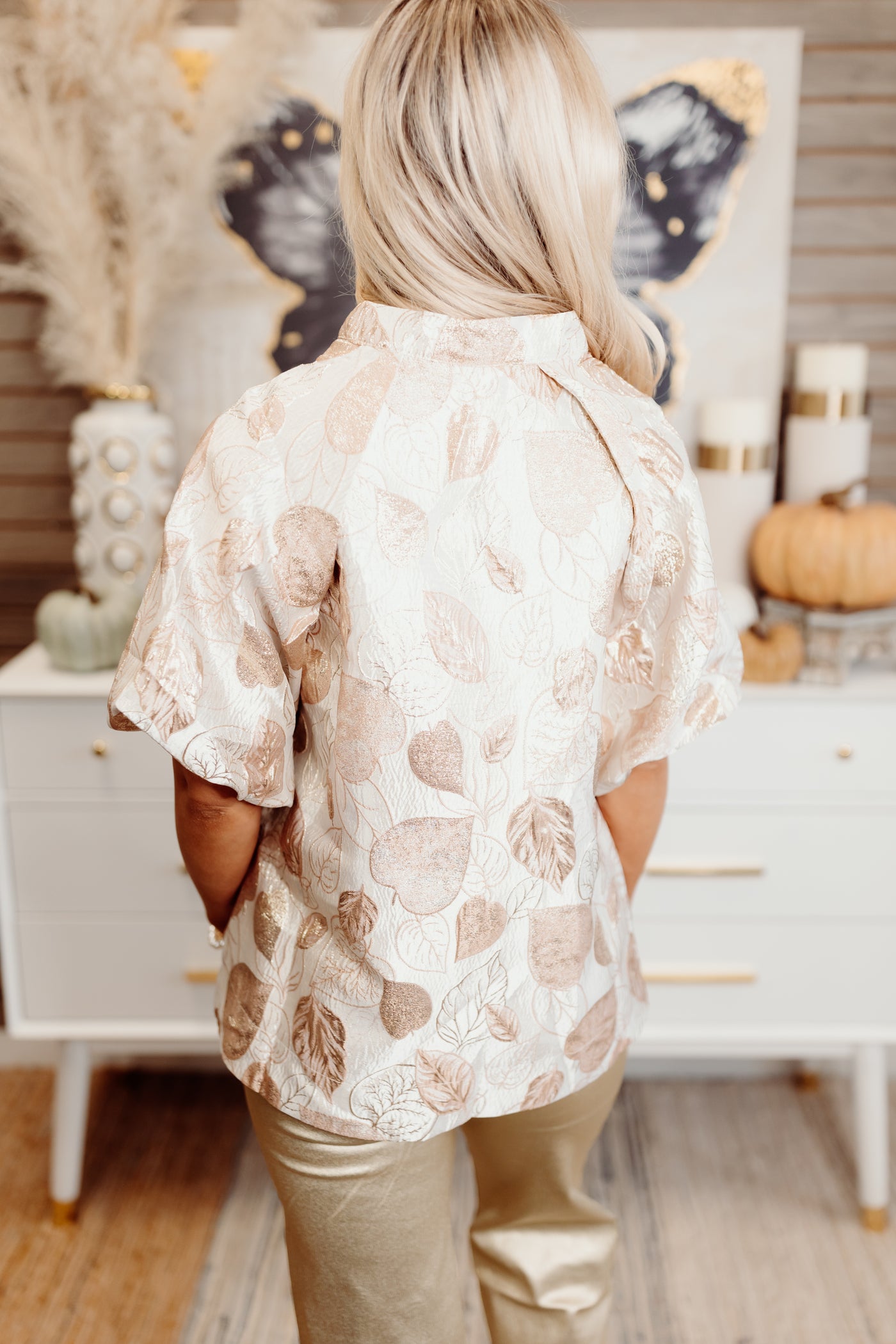 Rose Gold Embroidered Notch Neck Puff Sleeve Blouse