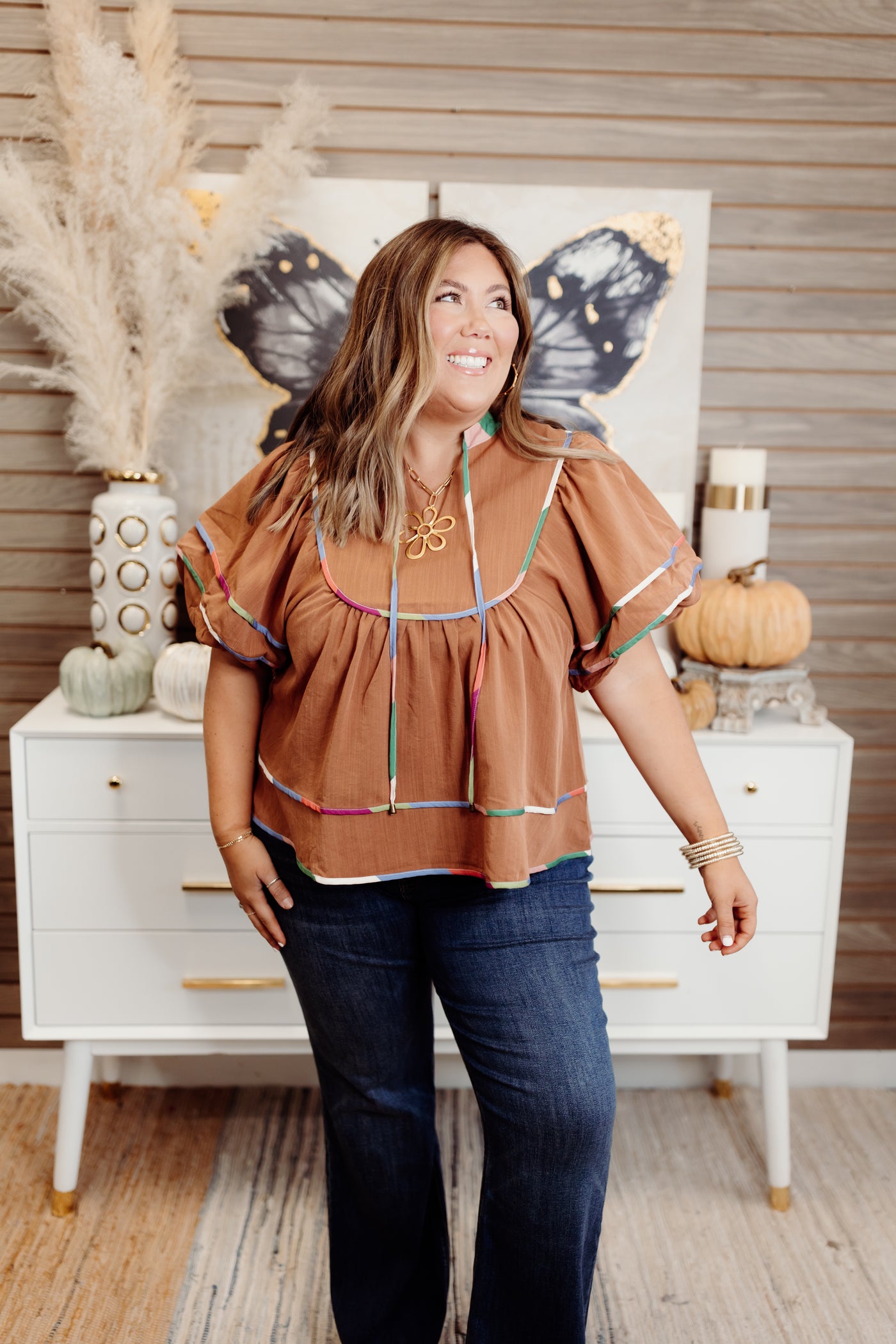 Caramel Puff Sleeve Contrast Trim Blouse