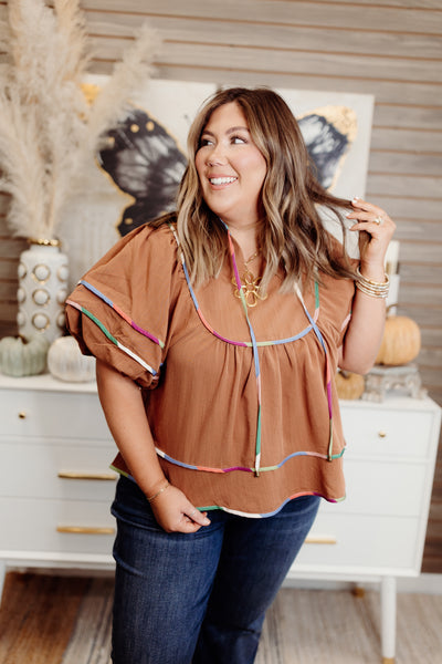 Caramel Puff Sleeve Contrast Trim Blouse