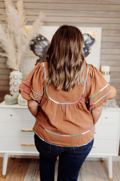 Caramel Puff Sleeve Contrast Trim Blouse