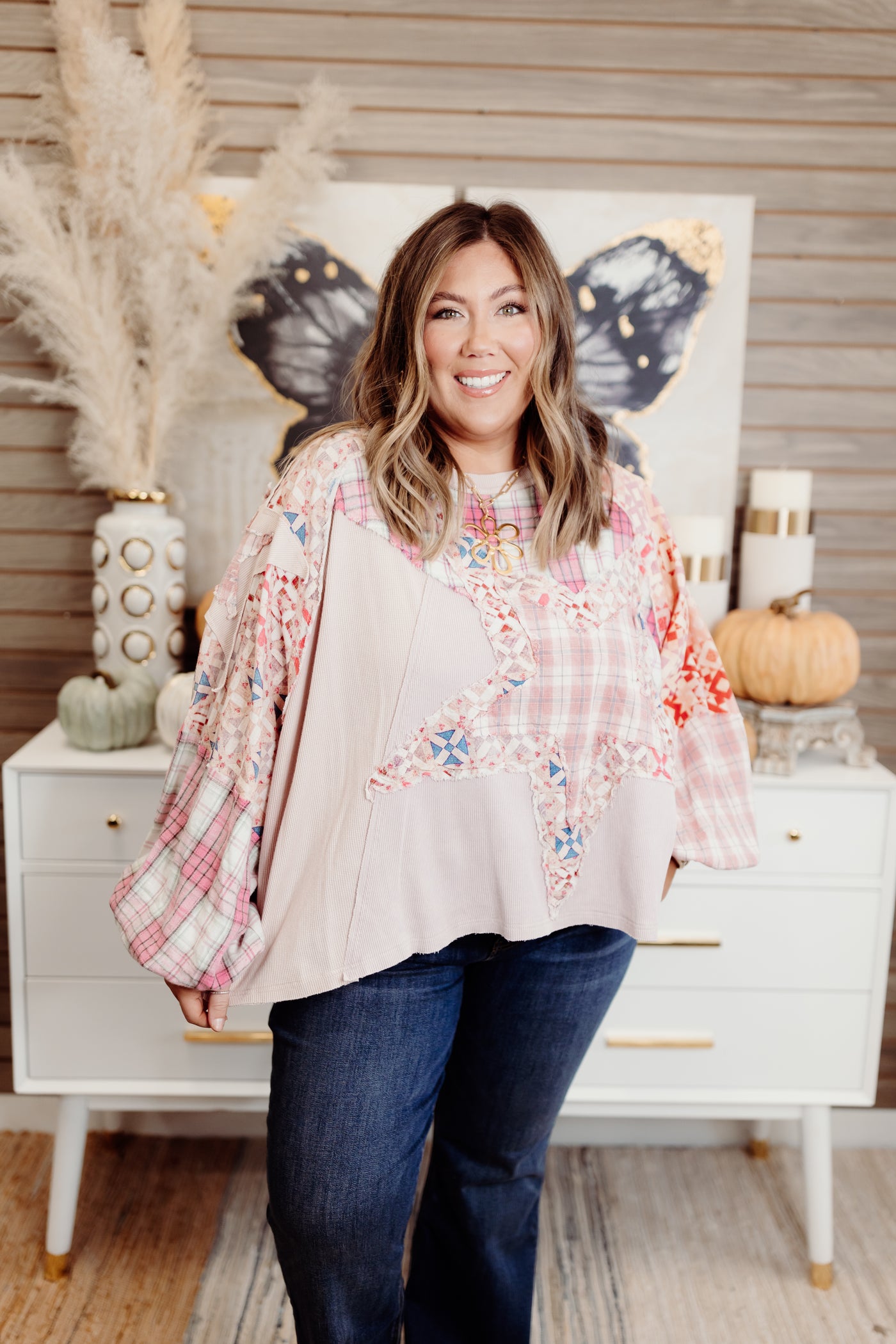 Pink Star Patch Mixed Fabric Long Sleeve Oversized Top