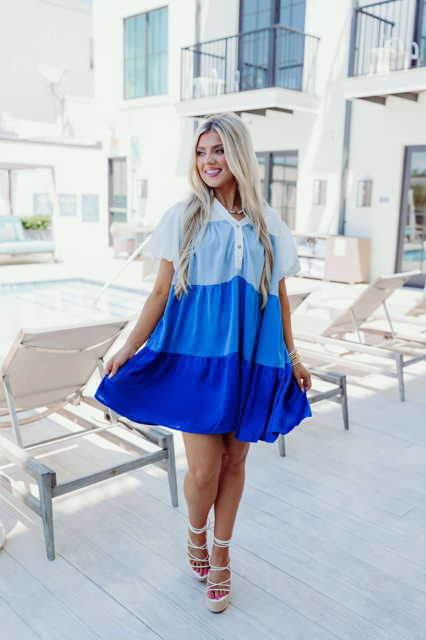 Blue Multi Colorblock Puff Sleeve Swing Dress