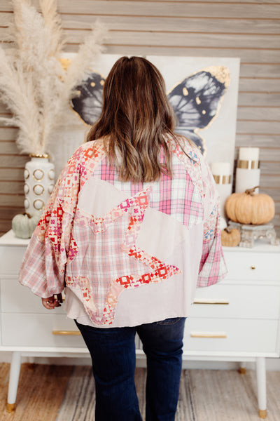 Pink Star Patch Mixed Fabric Long Sleeve Oversized Top