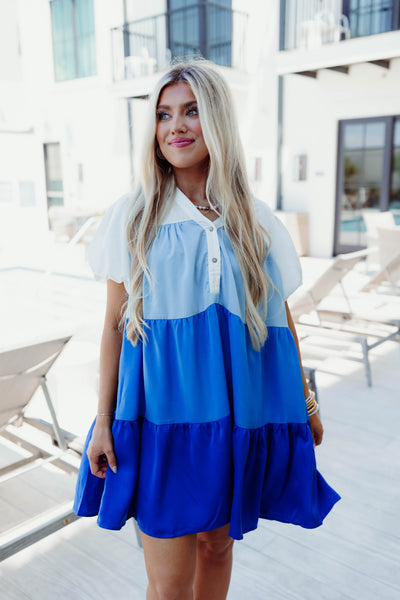 Blue Multi Colorblock Puff Sleeve Swing Dress