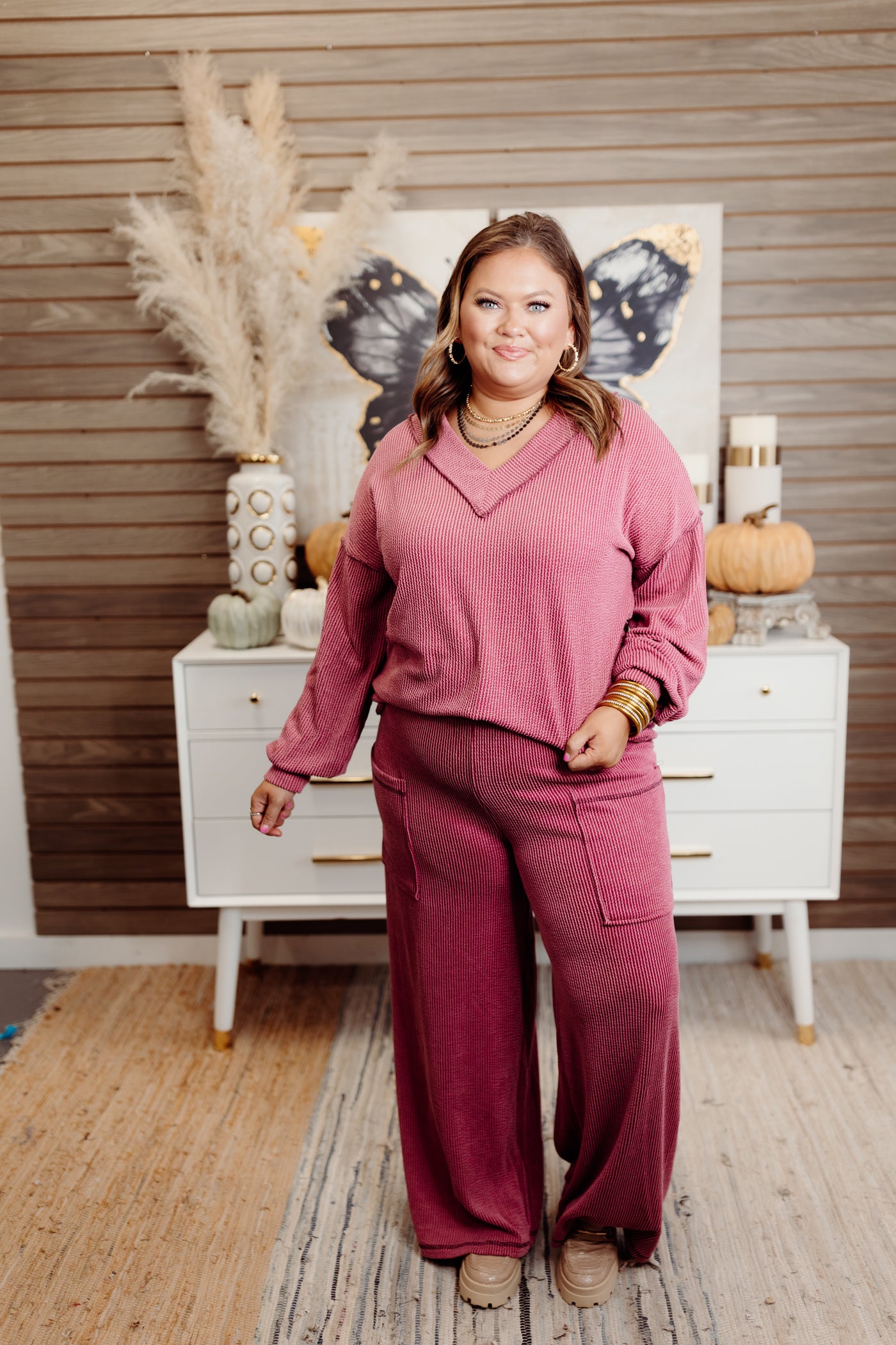 Dark Mauve Ribbed Balloon Sleeve Top and Pant Set