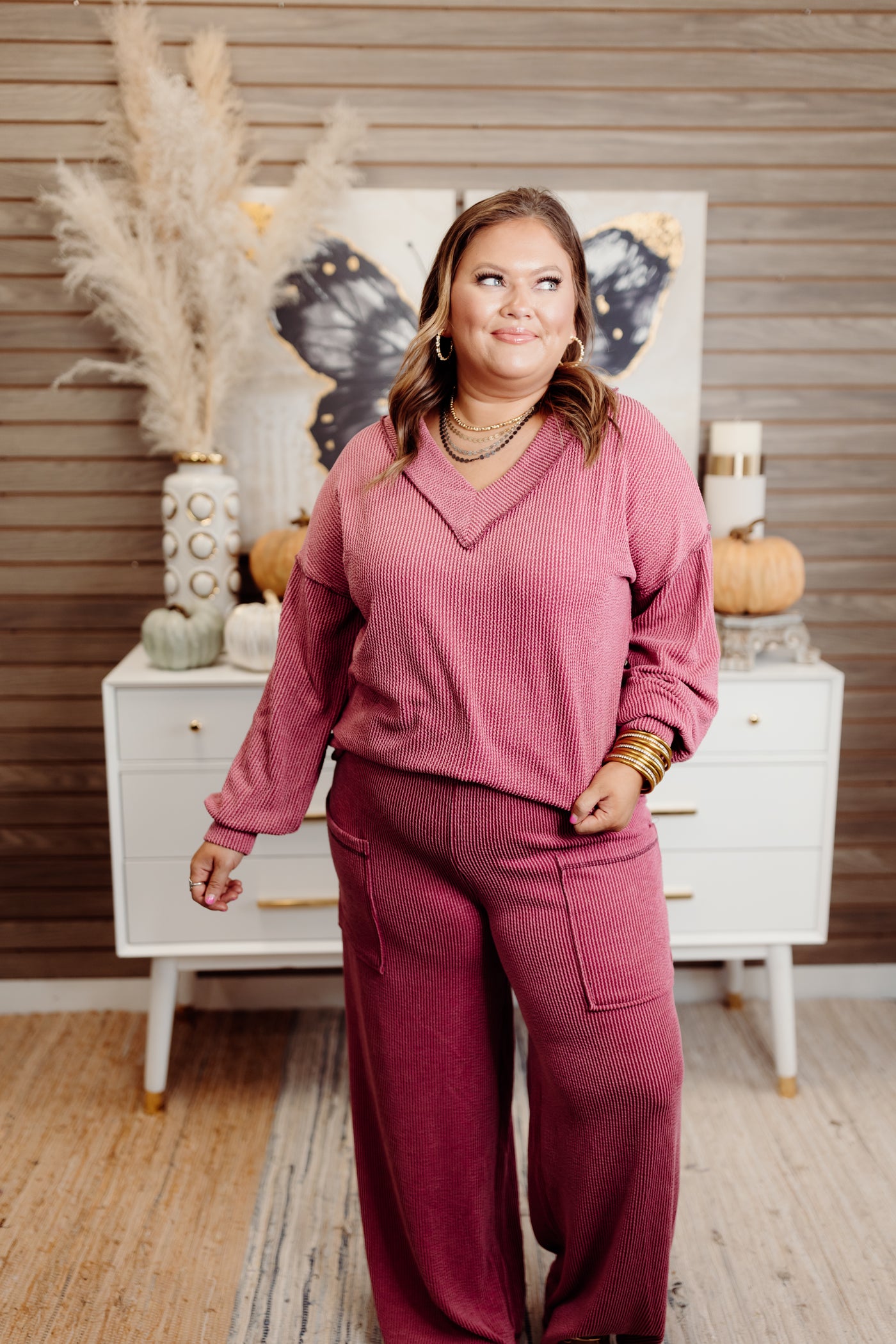 Dark Mauve Ribbed Balloon Sleeve Top and Pant Set