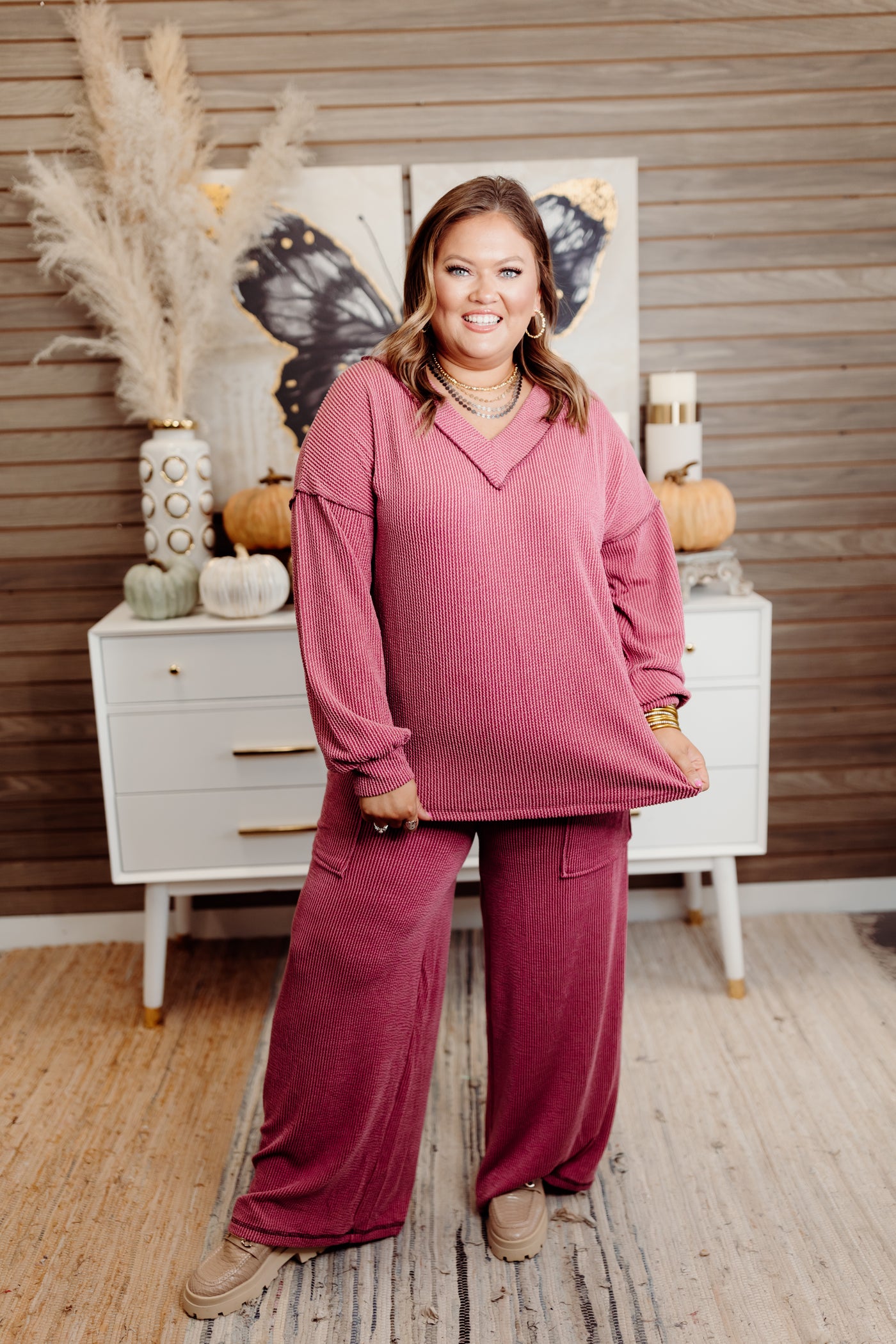 Dark Mauve Ribbed Balloon Sleeve Top and Pant Set