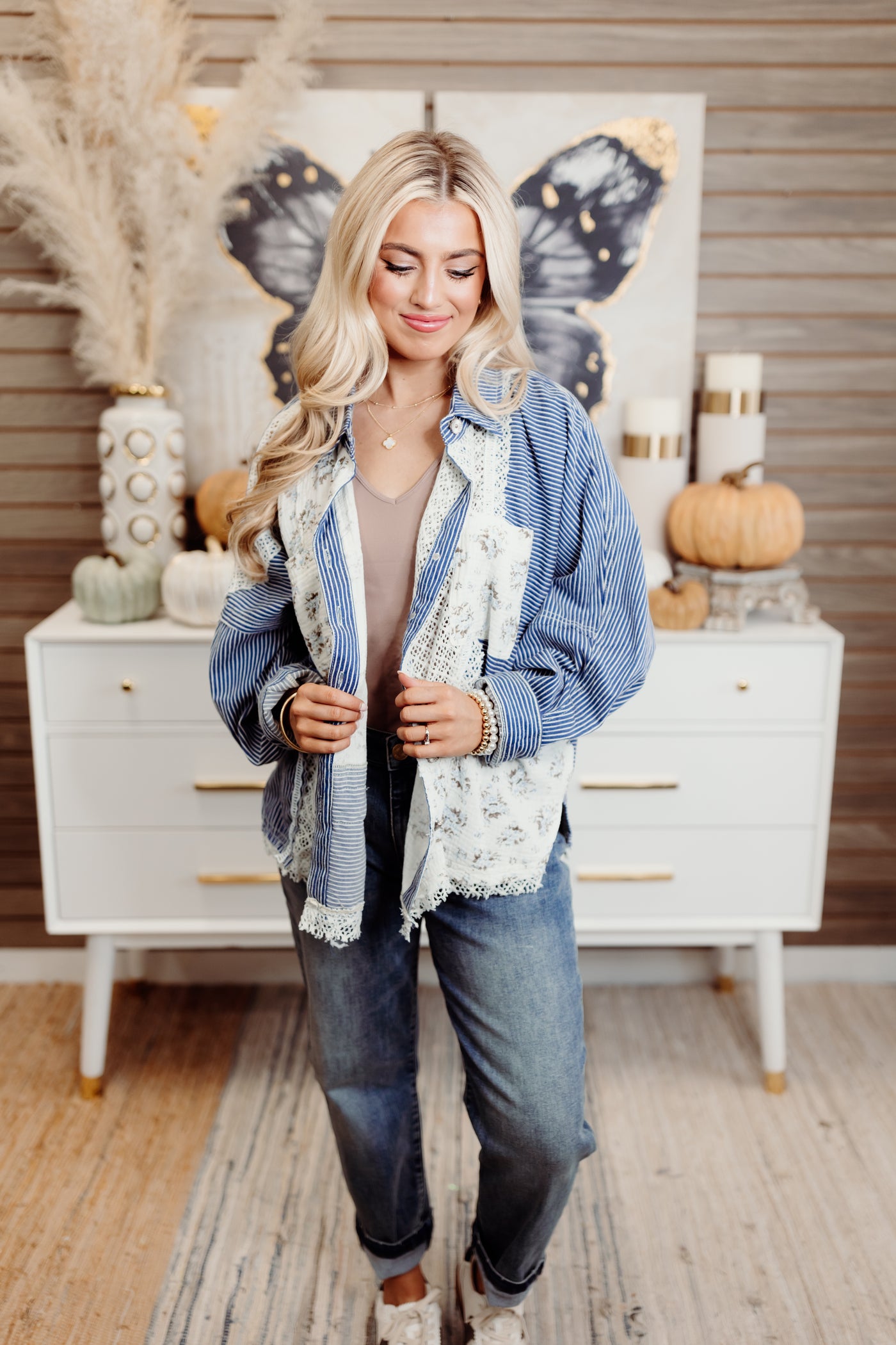 Denim Striped Oversized Crochet Contrast Patch Jacket