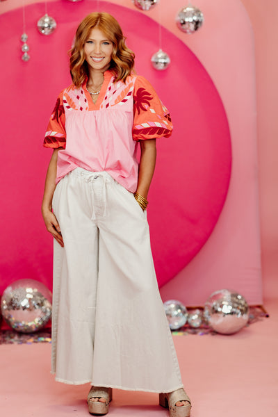 Pink Embroidered Puff Sleeve Poplin Blouse