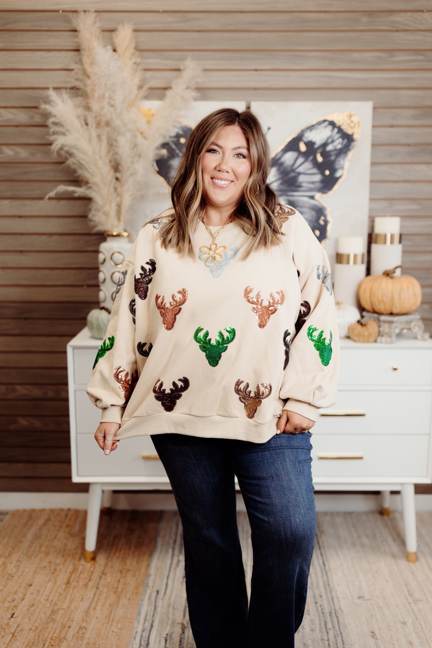 Queen of Sparkles Beige Deer Head Sweatshirt