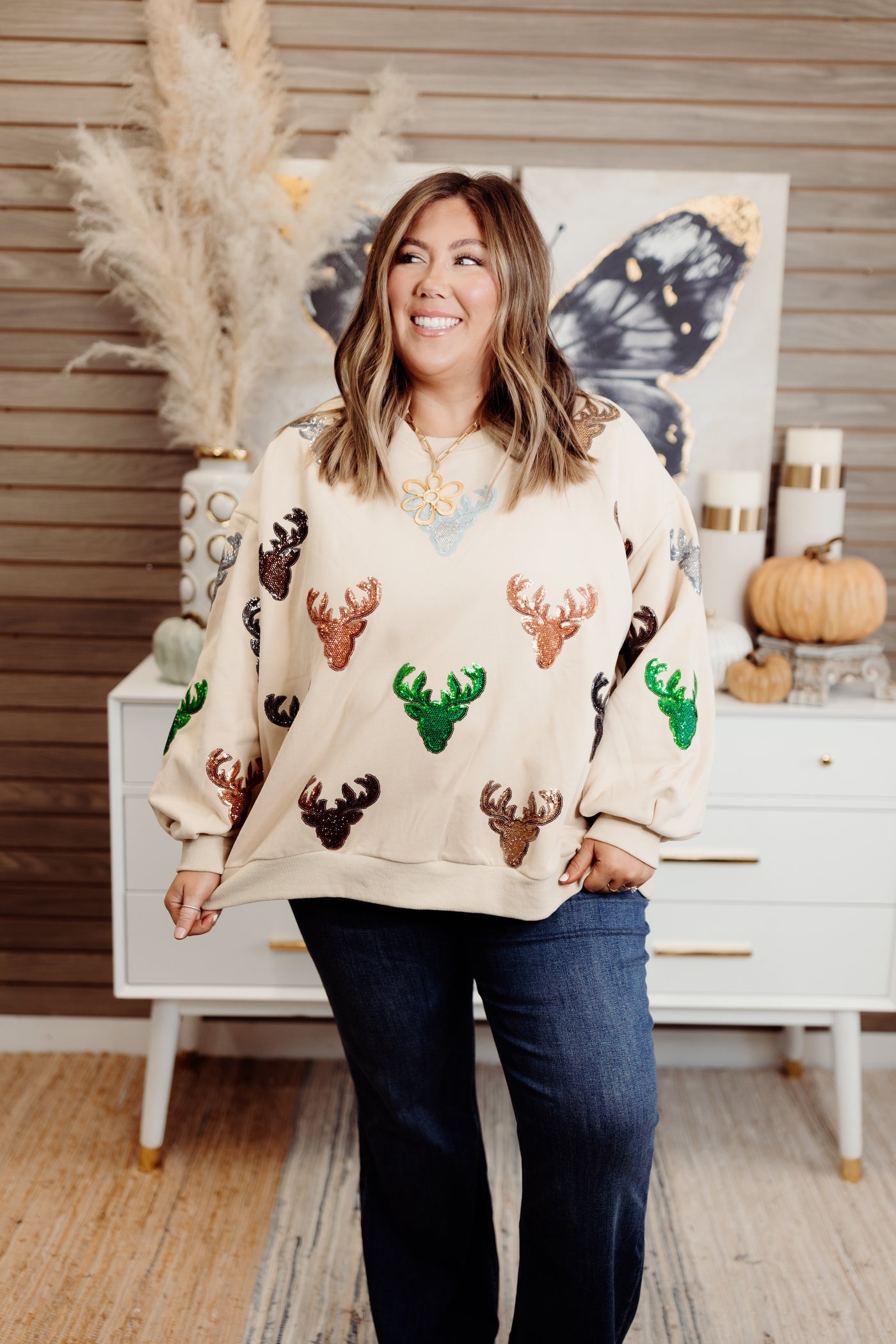 Queen of Sparkles Beige Deer Head Sweatshirt