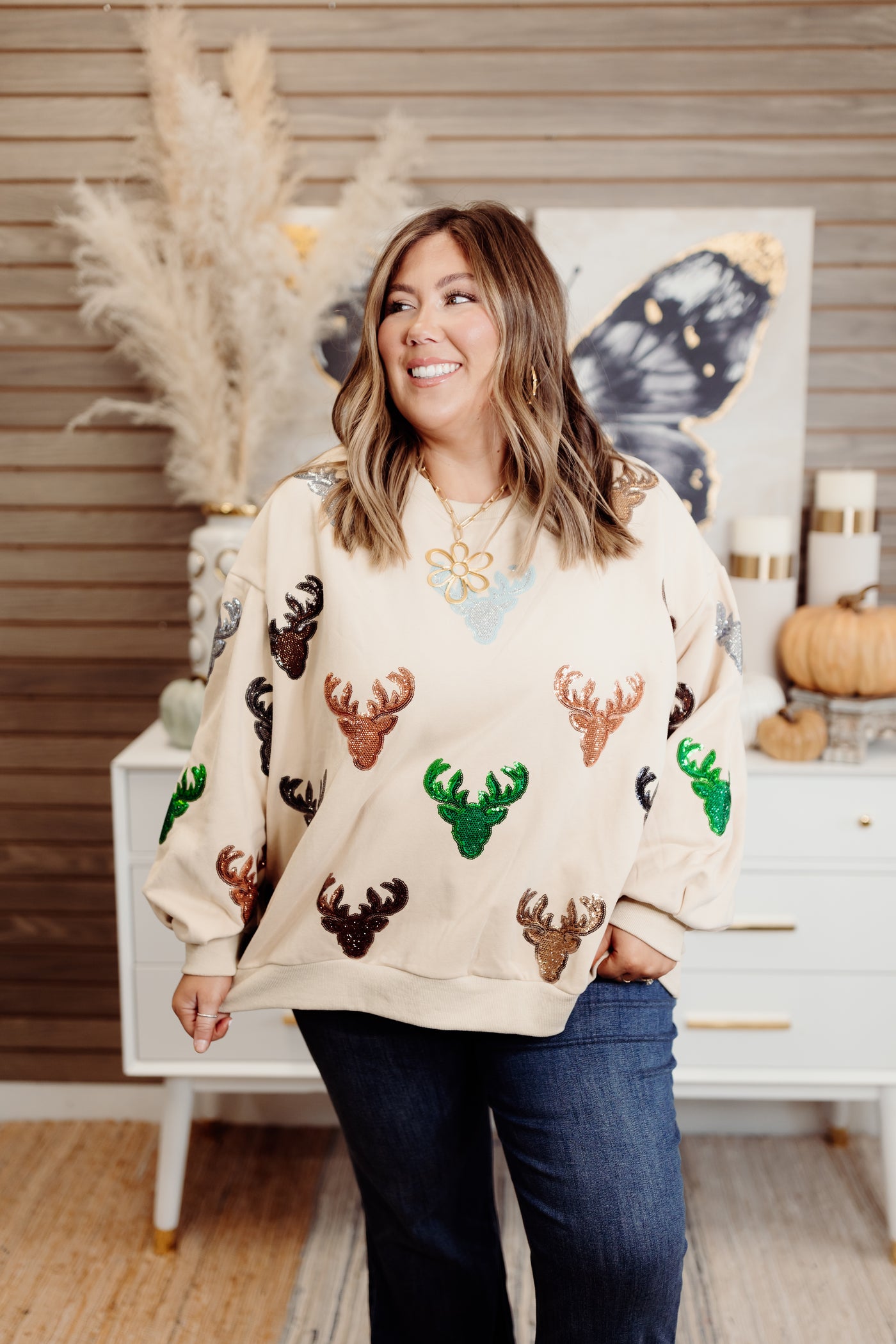 Queen of Sparkles Beige Deer Head Sweatshirt