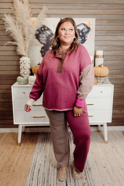 Berry and Brown Multi Striped Pullover and Pant Set