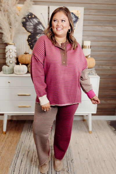 Berry and Brown Multi Striped Pullover and Pant Set