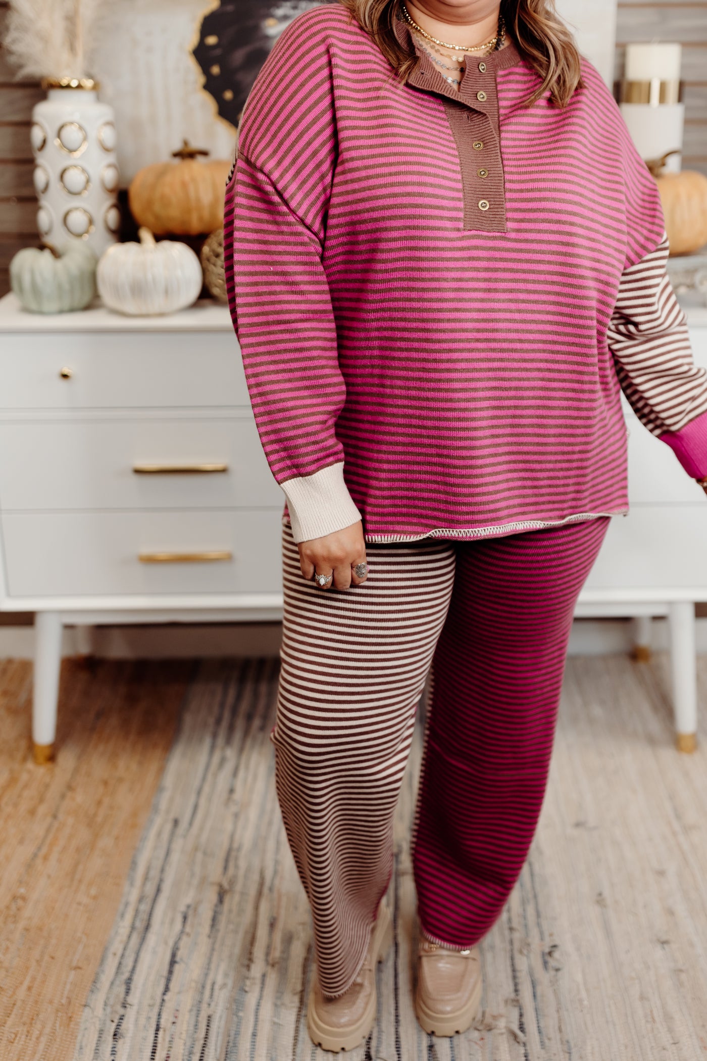 Berry and Brown Multi Striped Pullover and Pant Set